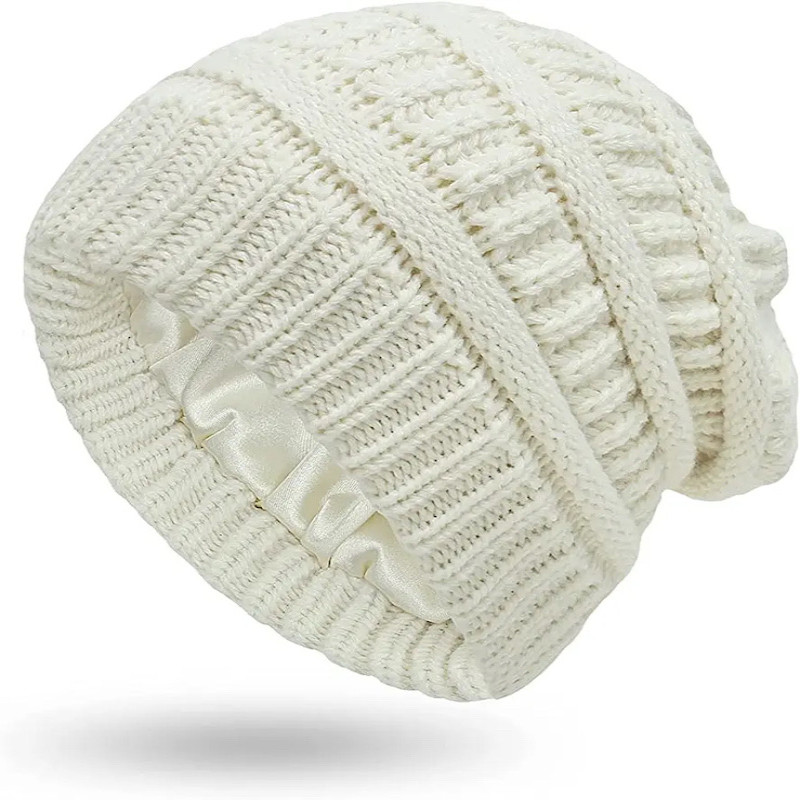 Womens Winter Warm Knitted Hat Satin Silk Lined Cable Knit Beanie Chunky Slouchy